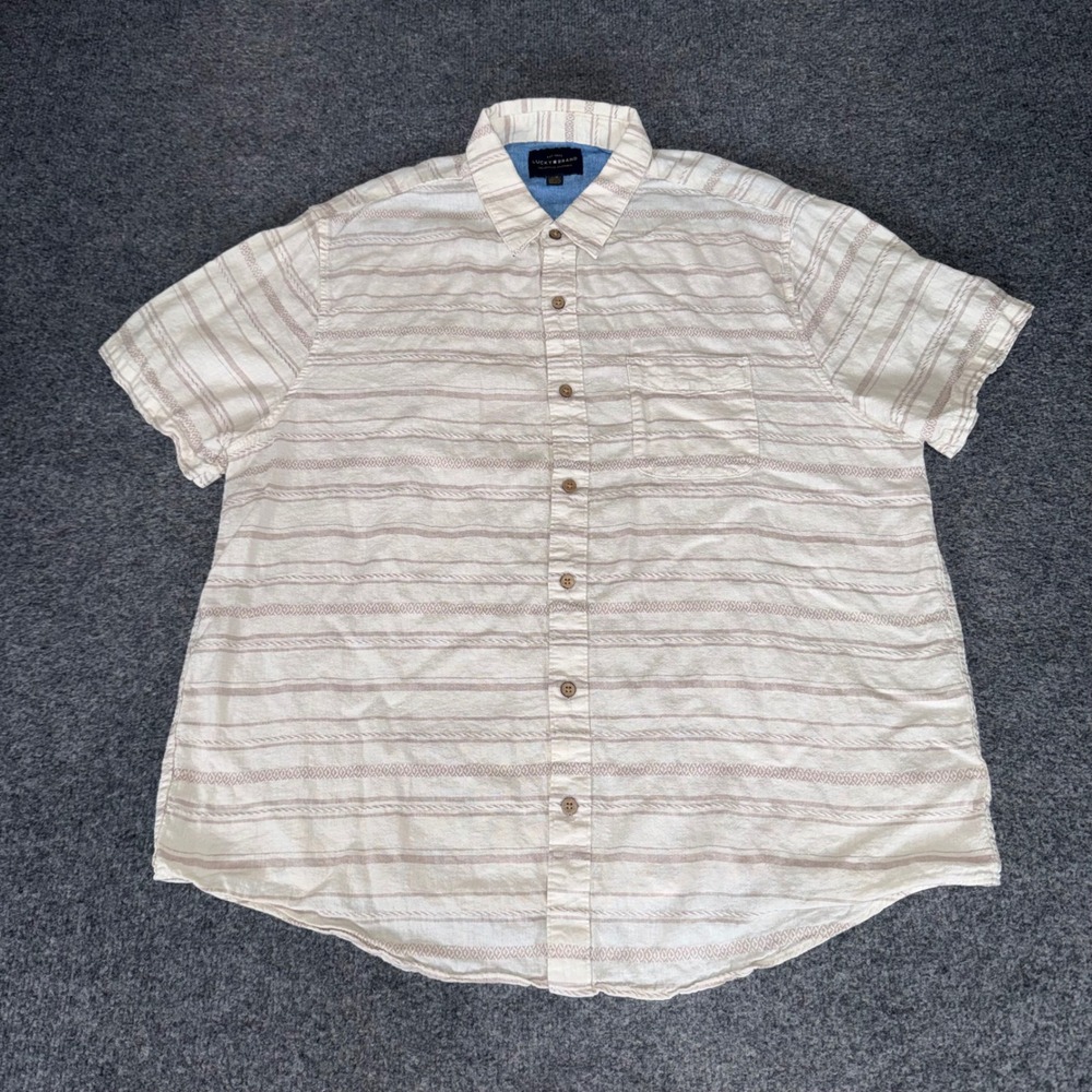 Lucky Brand Mens Large Linen Rayon Blend Striped Short Sleeve Button Down Shirt